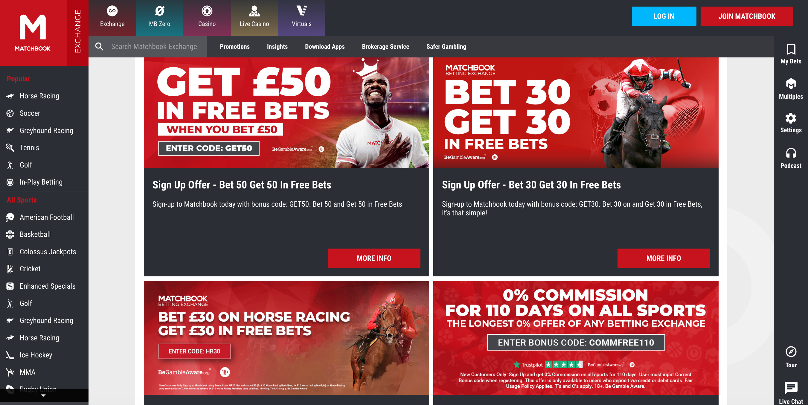 Matchbook welcome offers, including £50 in free bets when you bet £30, £30 in free bets when you bet £30, and 0% commission for 110 days